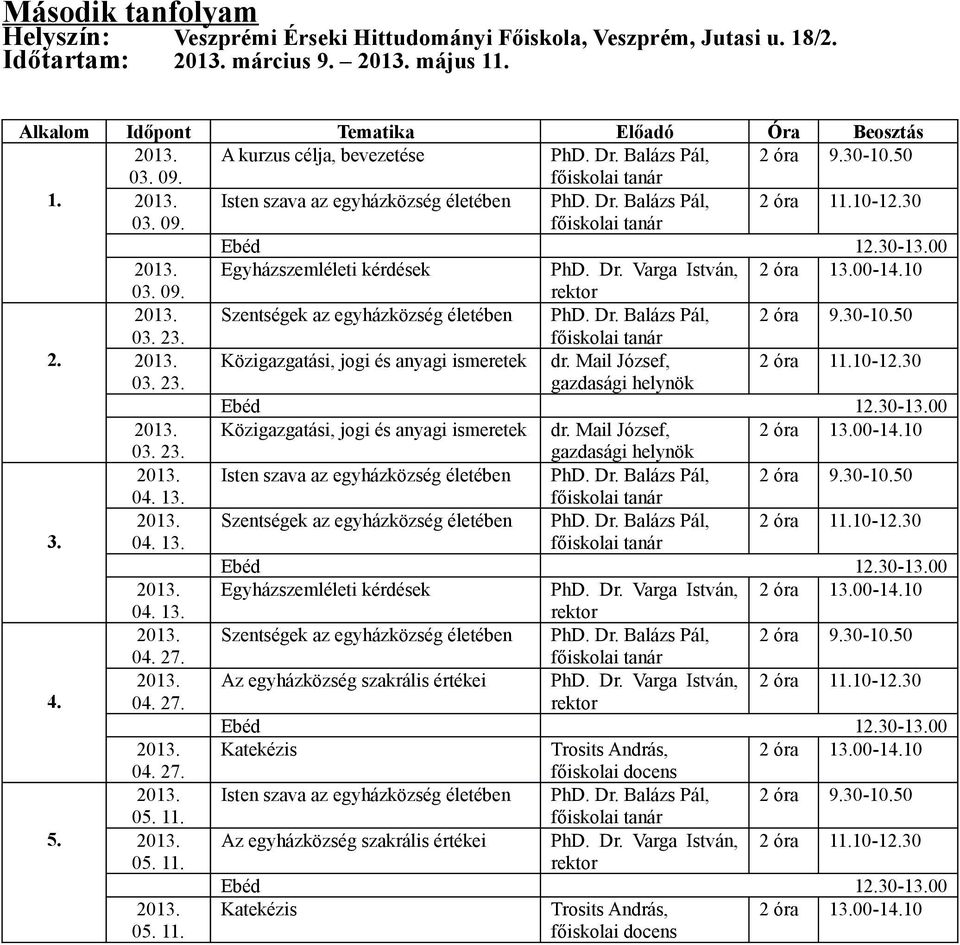 Mail József, 2 óra 11.10-12.30 03. 23. 2013. Közigazgatási, jogi és anyagi ismeretek dr. Mail József, 2 óra 13.00-14.10 03. 23. 04. 13. 2013. Szentségek az egyházközség életében PhD. Dr.