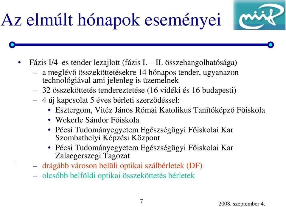 tendereztetése (16 vidéki és 16 budapesti) 4 új kapcsolat 5 éves bérleti szerződéssel: Esztergom, Vitéz János Római Katolikus Tanítóképző Főiskola