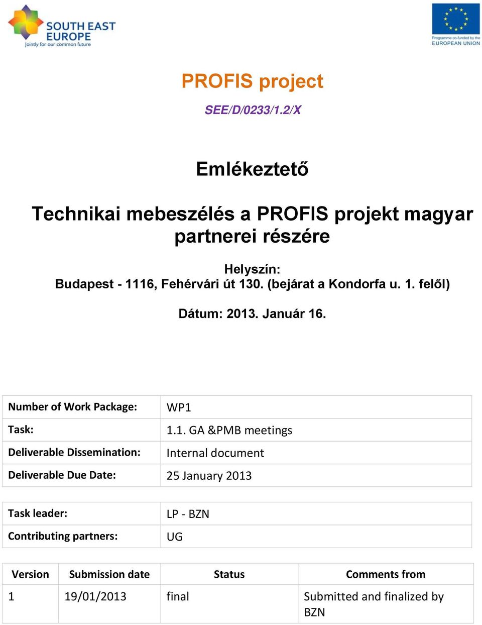 130. (bejárat a Kondorfa u. 1. felől) Dátum: 2013. Január 16. Number of Work Package: WP1 Task: 1.1. GA &PMB meetings