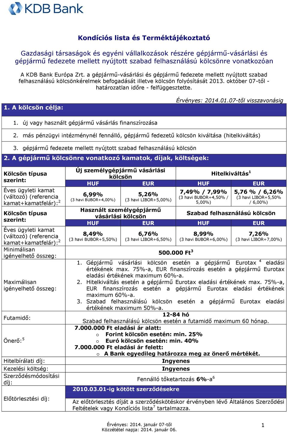 A kölcsön célja: Érvényes: 2014.01.07-től visszavnásig 1. új vagy használt gépjármű vásárlás finanszírzása 2. más pénzügyi intézménynél fennálló, gépjármű fedezetű kölcsön kiváltása (hitelkiváltás) 3.