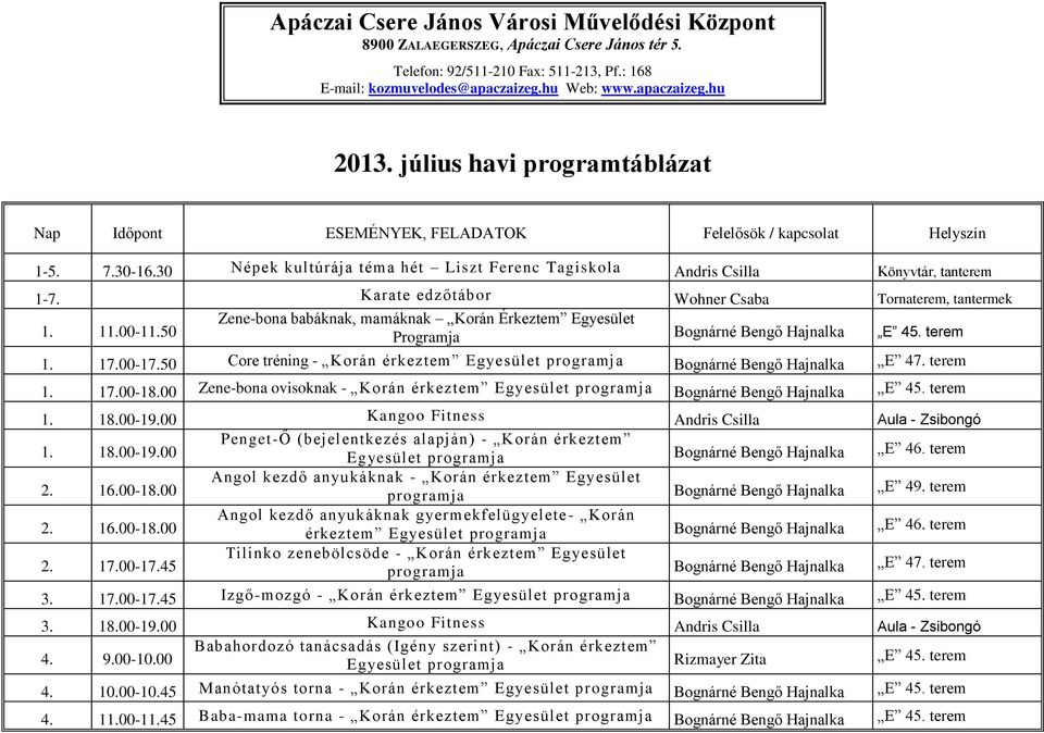 Karate edzőtábor Wohner Csaba Tornaterem, tantermek 1. 11.00-11.50 1. 17.00-17.50 Core tréning - Korán érkeztem Egyesület 1. 17.00-18.