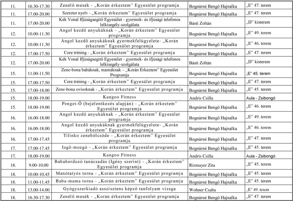 00 Zene-bona ovisoknak - Korán érkeztem Egyesület programja Bognárné Bengő Hajnalka E 45. terem 15. 18.00-19.00 Kangoo Fitness Andris Csilla Aula - Zsibongó 15. 18.00-19.00 16. 16.00-18.