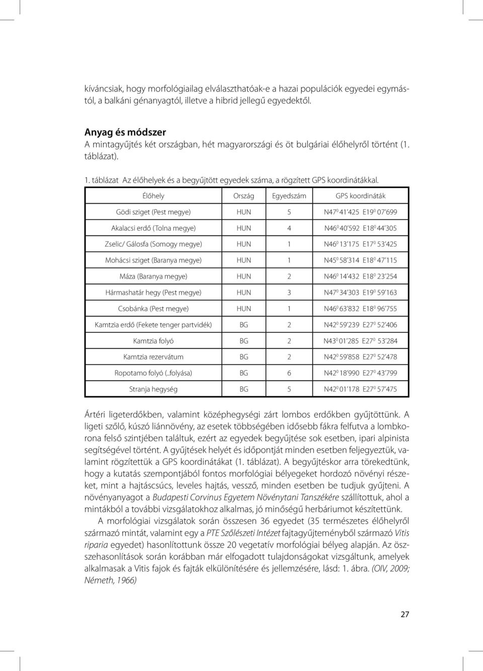 táblázat Az élőhelyek és a begyűjtött egyedek száma, a rögzített GPS koordinátákkal.