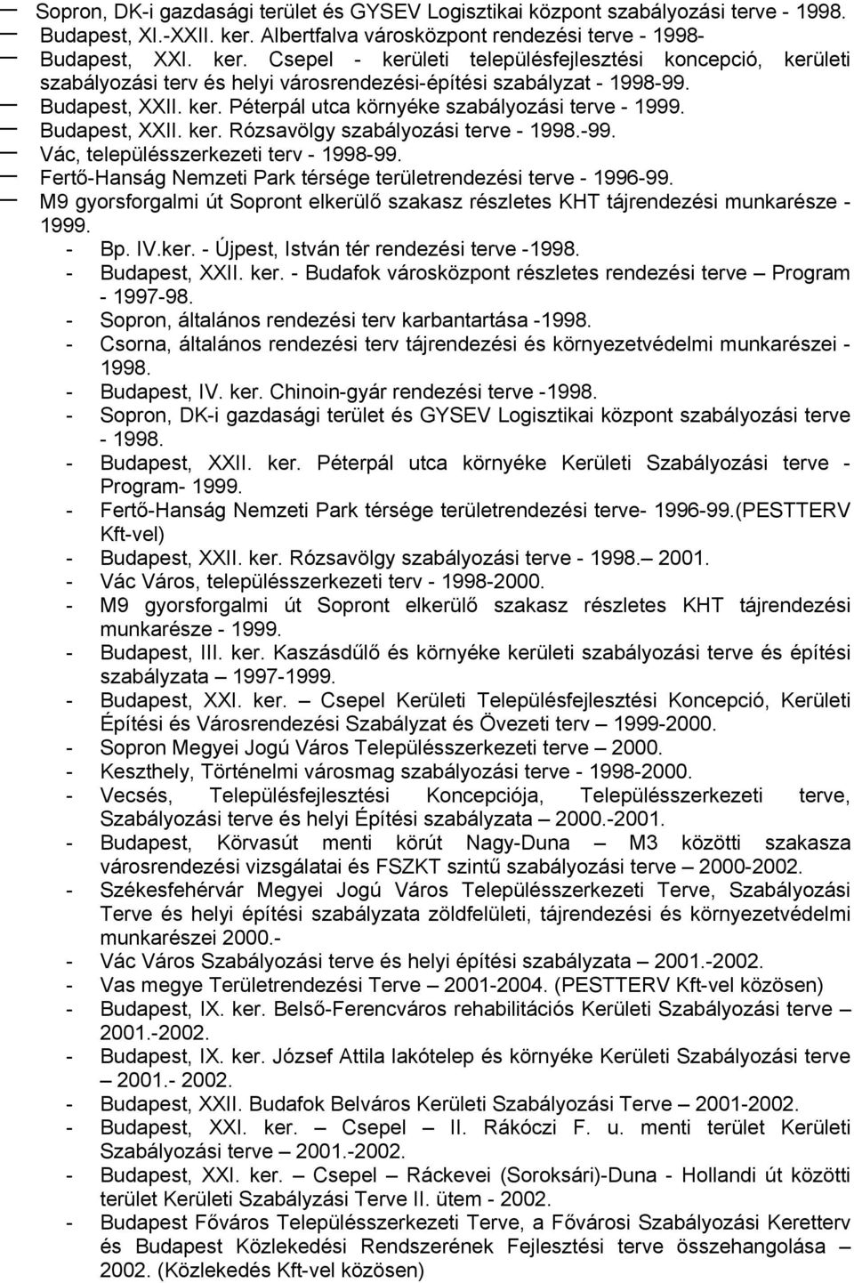 Budapest, XXII. ker. Péterpál utca környéke szabályozási terve - 1999. Budapest, XXII. ker. Rózsavölgy szabályozási terve - 1998.-99. Vác, településszerkezeti terv - 1998-99.