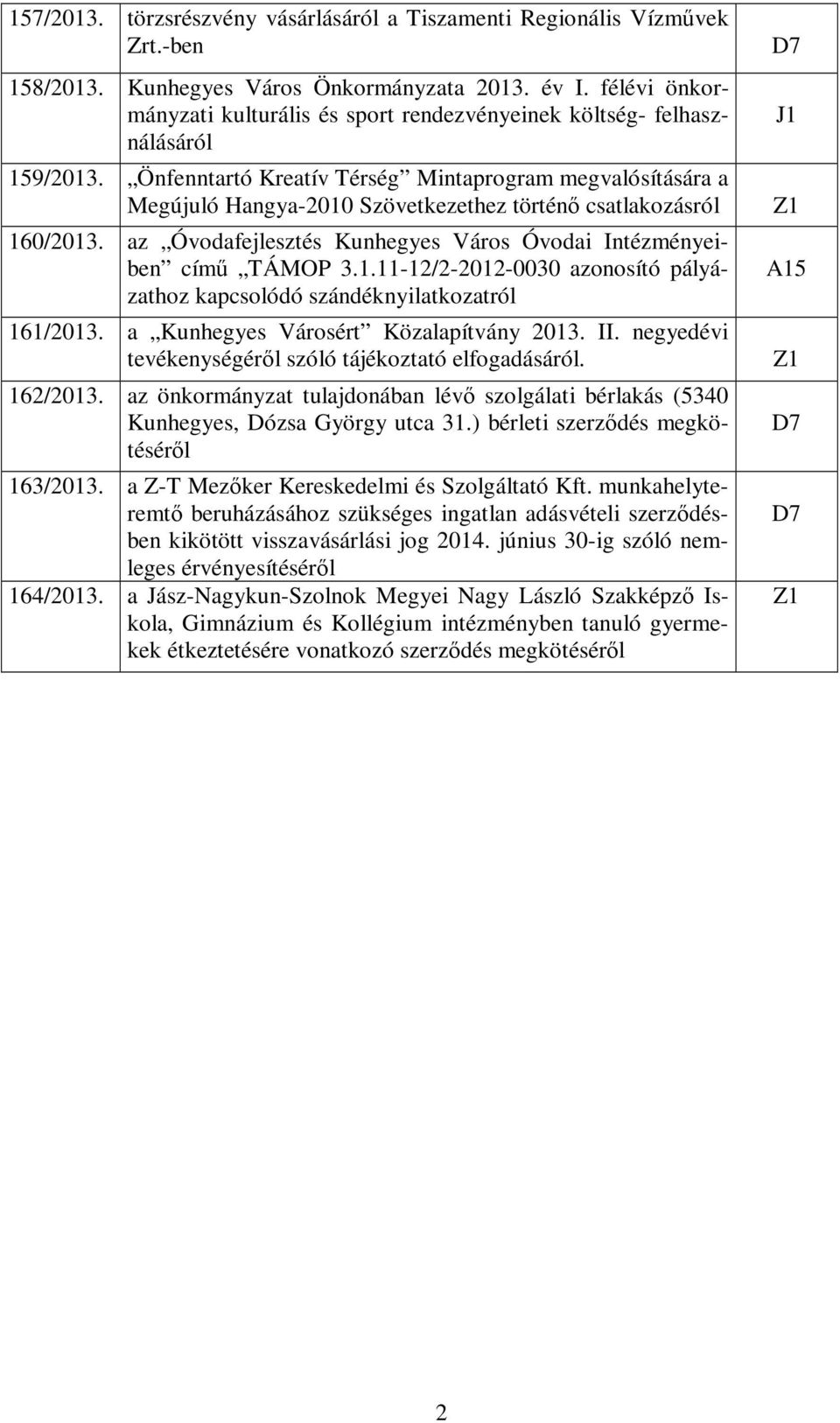 Önfenntartó Kreatív Térség Mintaprogram megvalósítására a Megújuló Hangya-2010 Szövetkezethez történő csatlakozásról 160/2013. az Óvodafejlesztés Kunhegyes Város Óvodai Intézményeiben című TÁMOP 3.1.11-12/2-2012-0030 azonosító pályázathoz kapcsolódó szándéknyilatkozatról 161/2013.