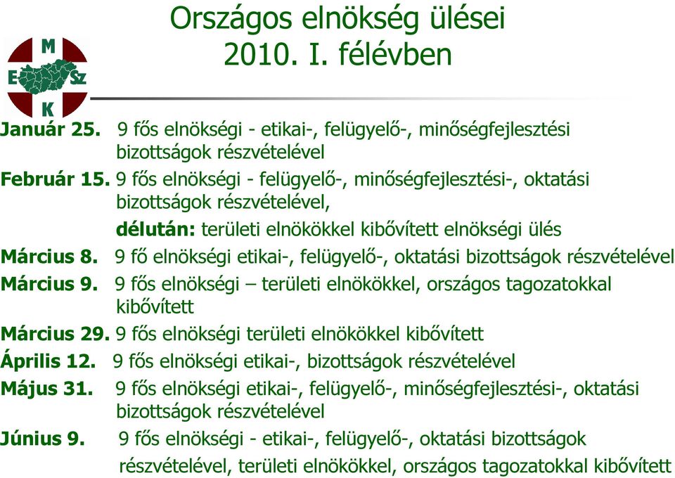 9 fő elnökségi etikai-, felügyelő-, oktatási bizottságok részvételével Március 9. 9 fős elnökségi területi elnökökkel, országos tagozatokkal kibővített Március 29.