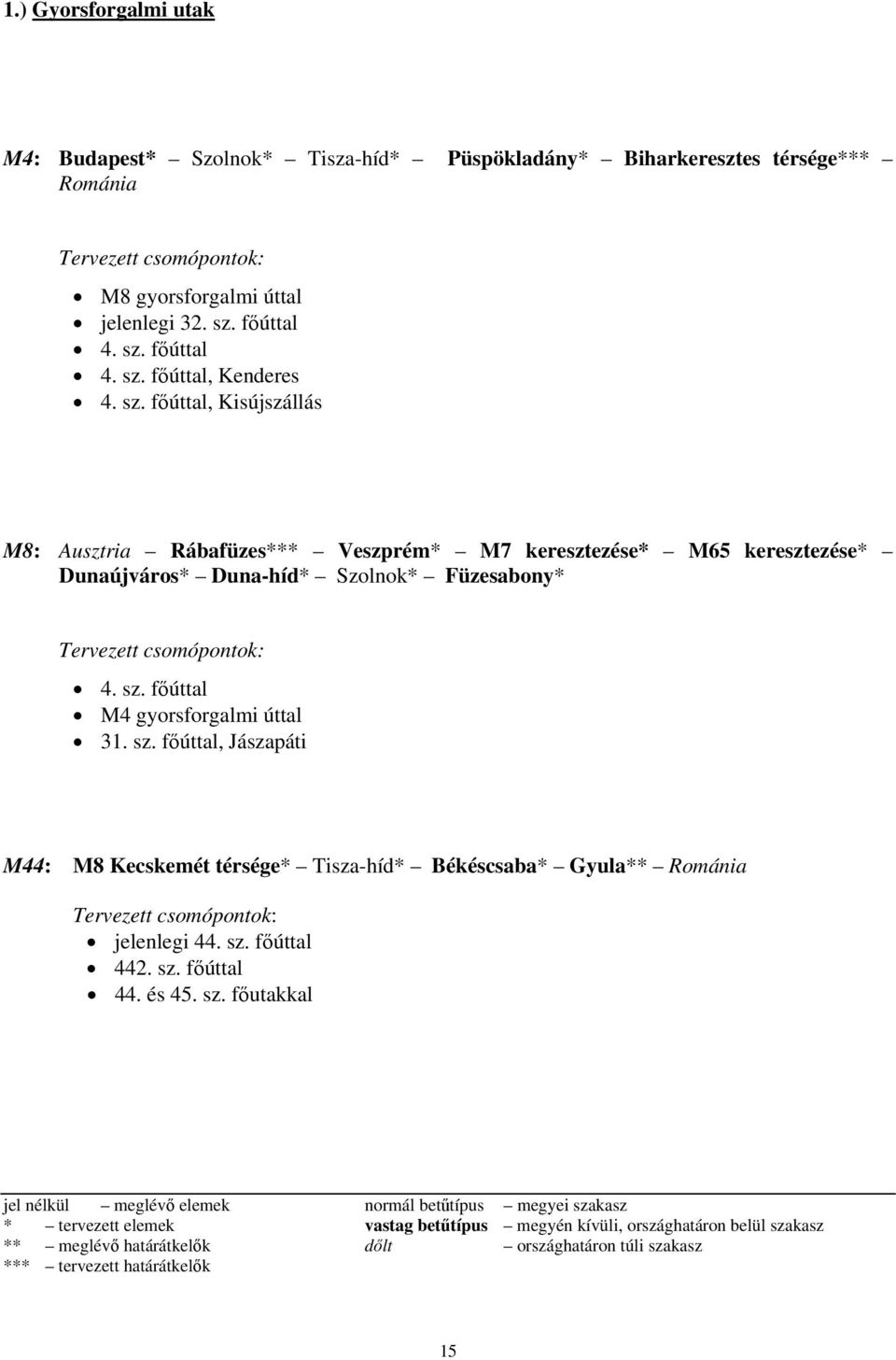 főúttal M4 gyorsforgalmi úttal 31. sz. főúttal, Jászapáti M44: M8 Kecskemét térsége* Tisza-híd* Békéscsaba* Gyula** Románia Tervezett csomópontok: jelenlegi 44. sz. főúttal 442. sz. főúttal 44. és 45.