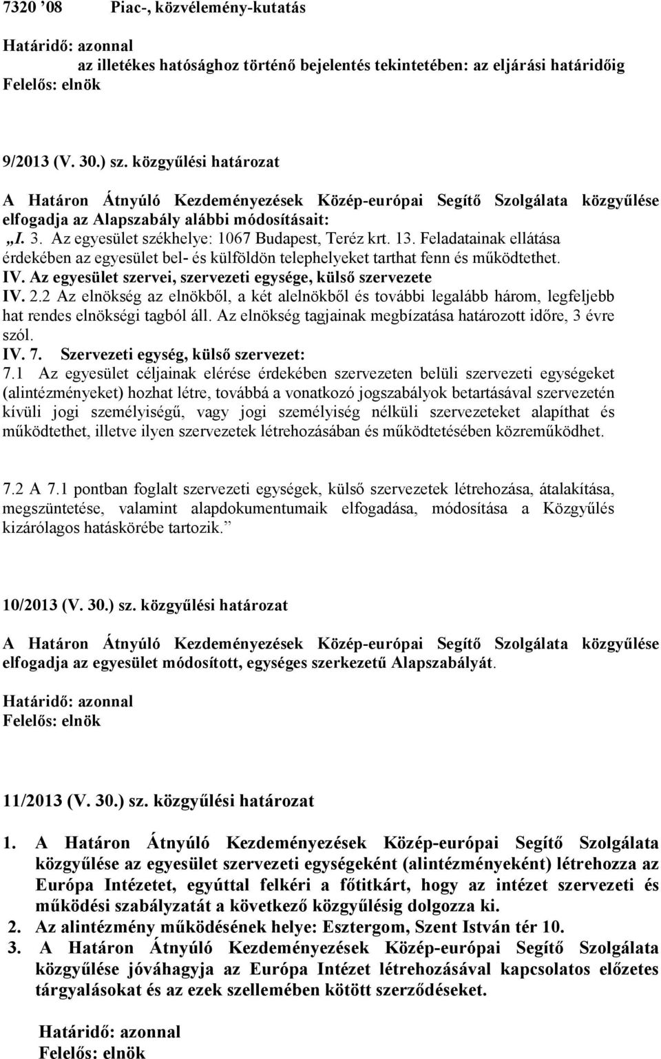 Feladatainak ellátása érdekében az egyesület bel- és külföldön telephelyeket tarthat fenn és működtethet. IV. Az egyesület szervei, szervezeti egysége, külső szervezete IV. 2.