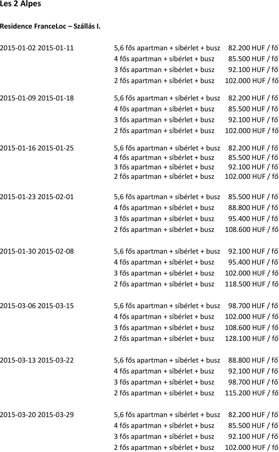 200 HUF / fő 4 fős apartman + síbérlet + busz 85.500 HUF / fő 3 fős apartman + síbérlet + busz 92.100 HUF / fő 2 fős apartman + síbérlet + busz 102.