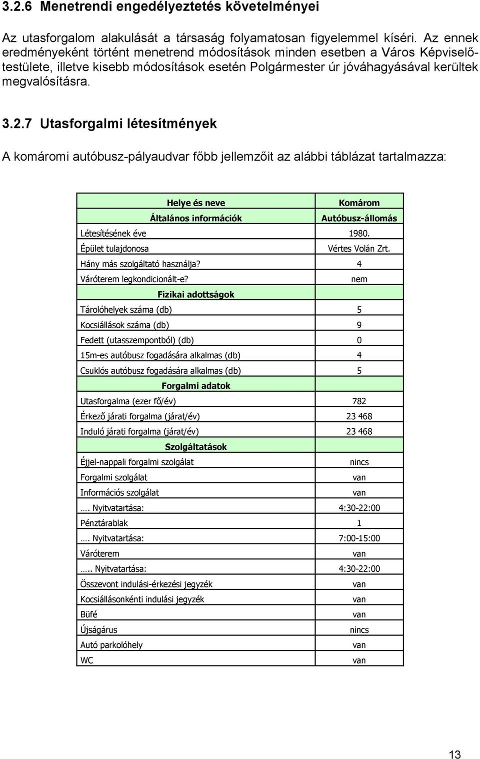 7 Utasforgalmi létesítmények A komáromi autóbusz-pályaudvar főbb jellemzőit az alábbi táblázat tartalmazza: Helye és neve Komárom Általános információk Autóbusz-állomás Létesítésének éve 1980.