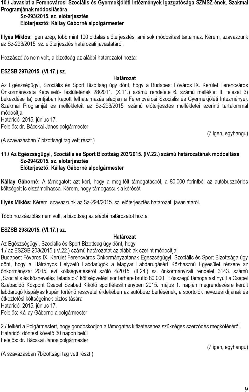 Hozzászólás nem volt, a bizottság az alábbi határozatot hozta: ESZSB 297/2015. (VI.17.) sz. Az Egészségügyi, Szociális és Sport Bizottság úgy dönt, hogy a Budapest Főváros IX.