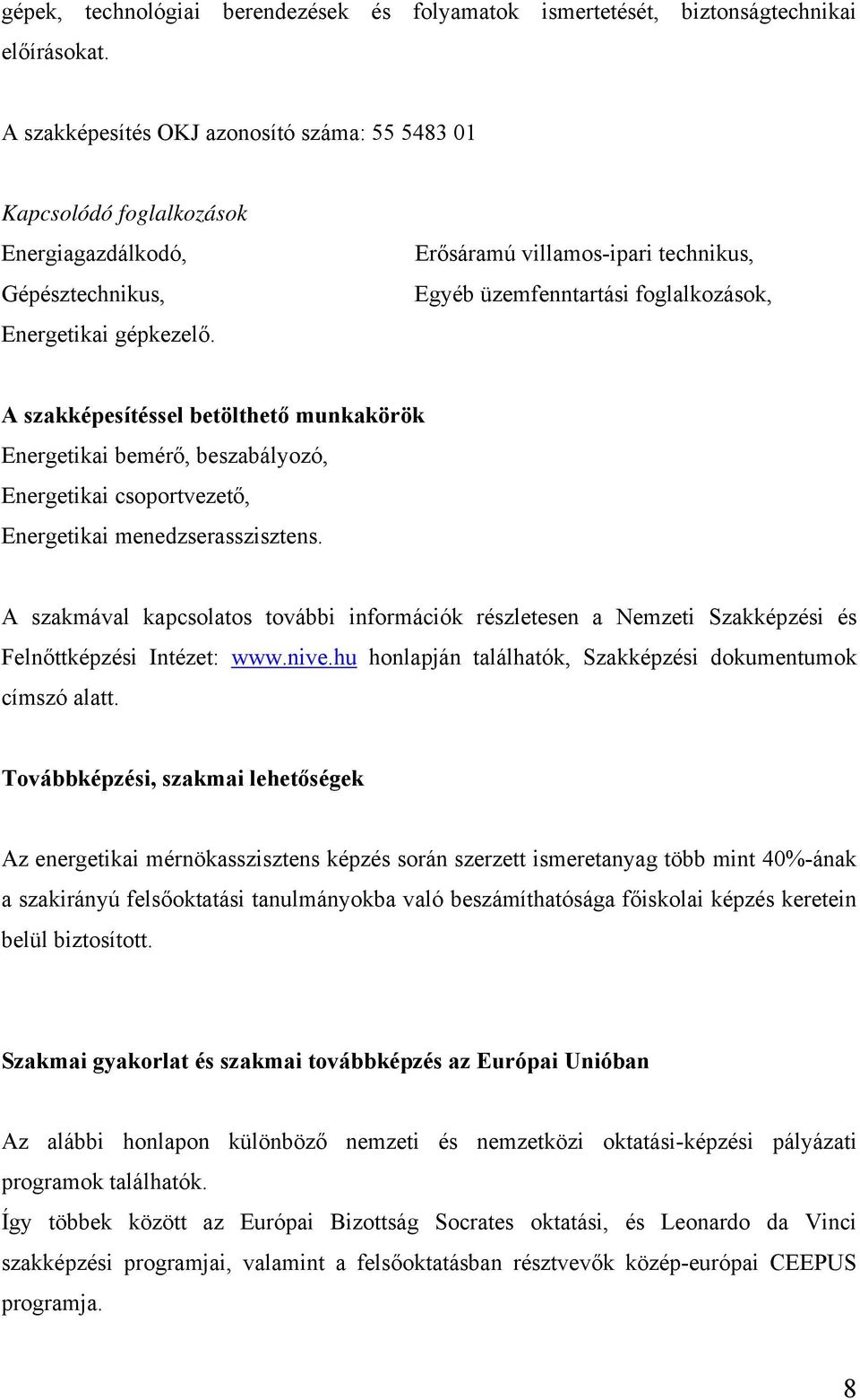 Erősáramú villamos-ipari technikus, Egyéb üzemfenntartási foglalkozások, A szakképesítéssel betölthető munkakörök Energetikai bemérő, beszabályozó, Energetikai csoportvezető, Energetikai