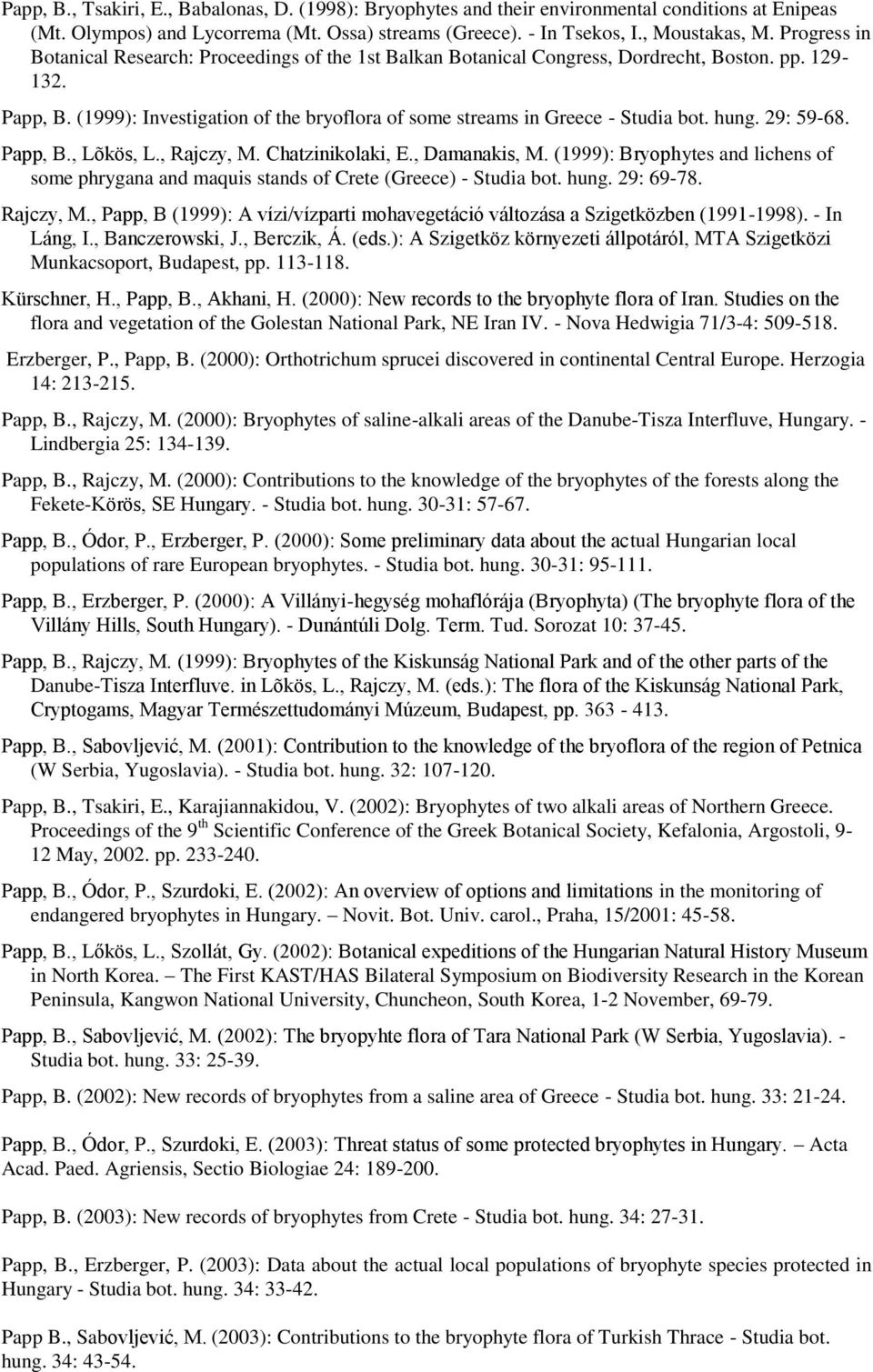 (1999): Investigation of the bryoflora of some streams in Greece - Studia bot. hung. 29: 59-68. Papp, B., Lõkös, L., Rajczy, M. Chatzinikolaki, E., Damanakis, M.