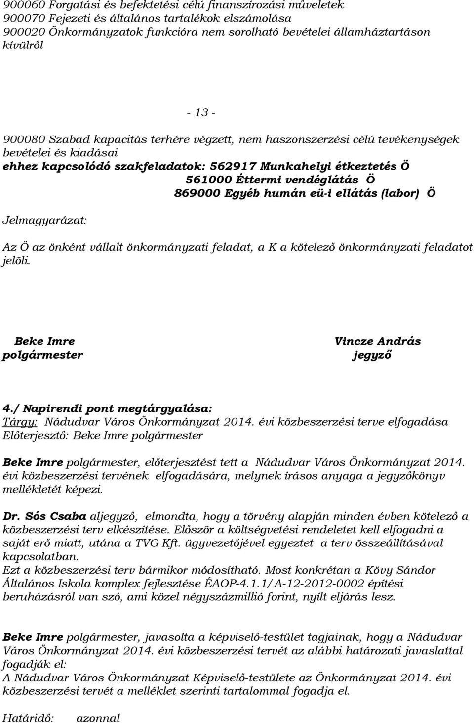 Egyéb humán eü-i ellátás (labor) Ö Jelmagyarázat: Az Ö az önként vállalt önkormányzati feladat, a K a kötelező önkormányzati feladatot jelöli. Beke Imre Vinze András polgármester jegyző 4.