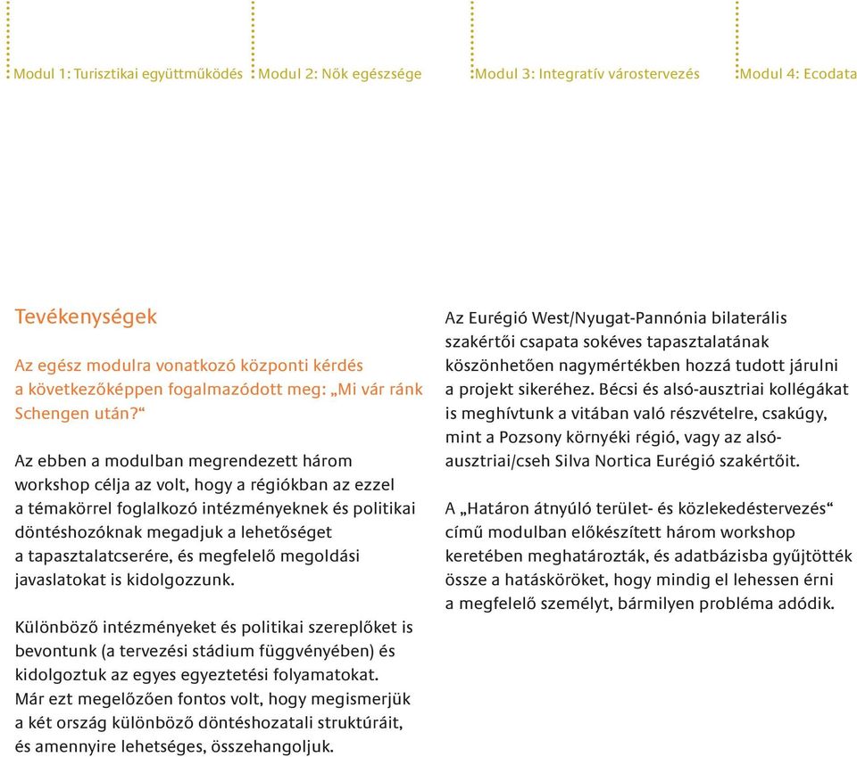 Az ebben a modulban megrendezett három workshop célja az volt, hogy a régiókban az ezzel a témakörrel foglalkozó intézményeknek és politikai döntéshozóknak megadjuk a lehetőséget a