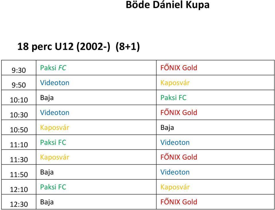 Gold 10:50 Kaposvár Baja 11:10 Paksi FC Videoton 11:30 Kaposvár