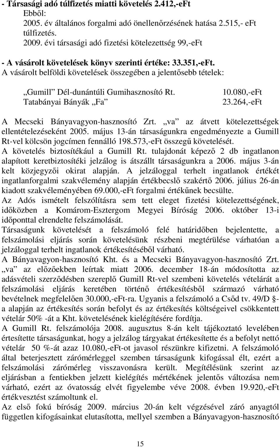 A vásárolt belföldi követelések összegében a jelentısebb tételek: Gumill Dél-dunántúli Gumihasznosító Rt. Tatabányai Bányák Fa 10.080,-eFt 23.264,-eFt A Mecseki Bányavagyon-hasznosító Zrt.