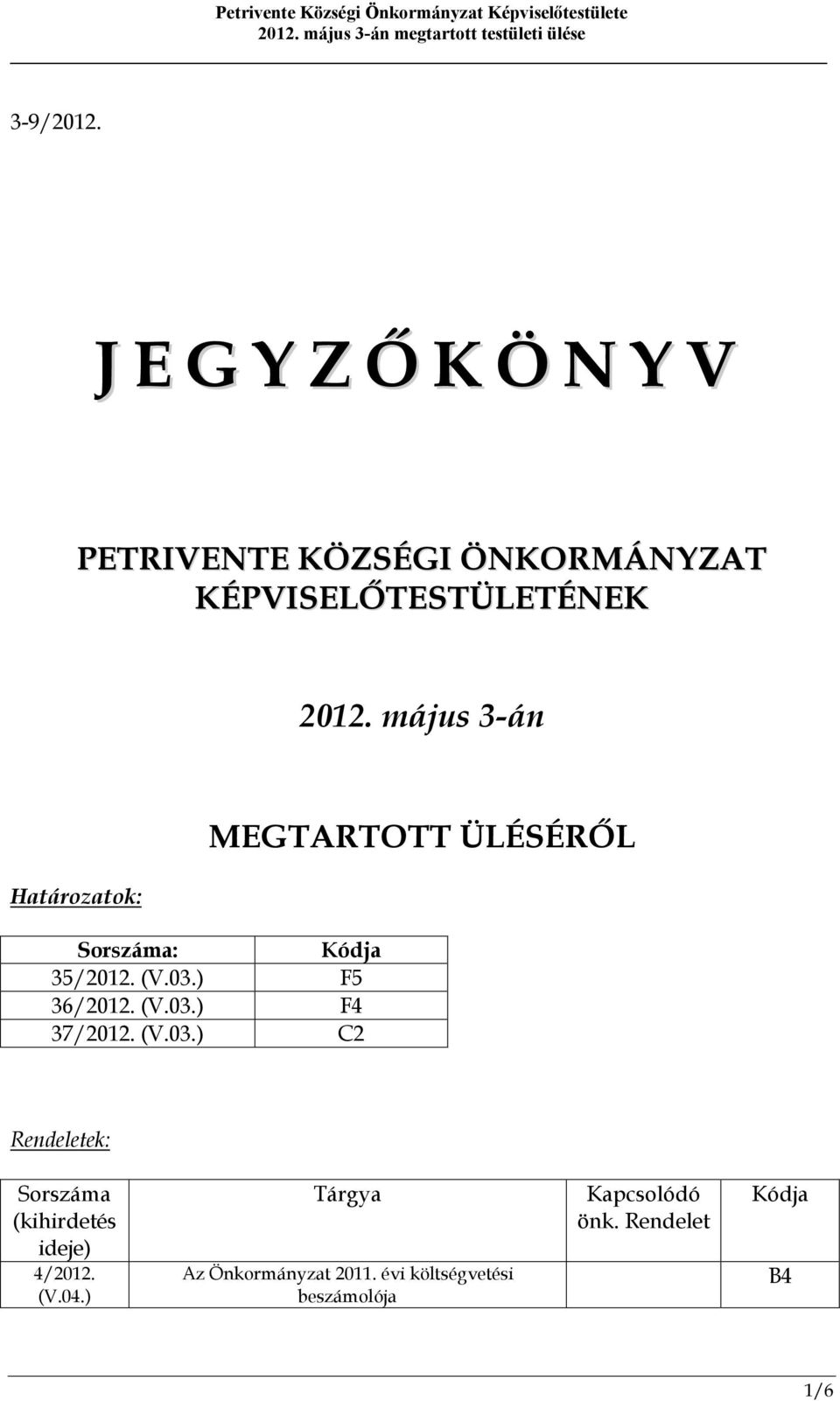 (V.03.) F4 37/2012. (V.03.) C2 Rendeletek: Sorszáma (kihirdetés ideje) 4/2012. (V.04.