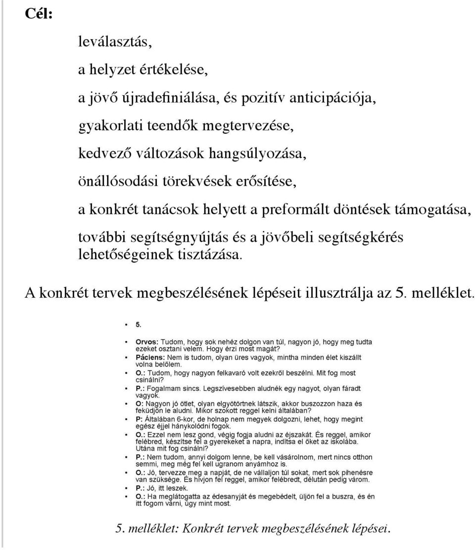 preformált döntések támogatása, további segítségnyújtás és a jövőbeli segítségkérés lehetőségeinek tisztázása.