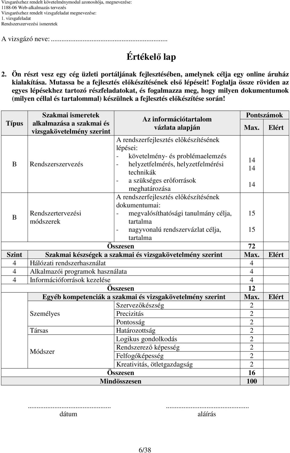 Típus Szakmai ismeretek alkalmazása a szakmai és vizsgakövetelmény szerint Rendszerszervezés Rendszertervezési módszerek Az információtartalom vázlata alapján A rendszerfejlesztés előkészítésének