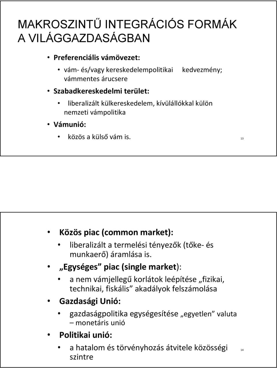 13 Közös piac (common market): liberalizált a termelési tényezők (tőke- és munkaerő) áramlása is.