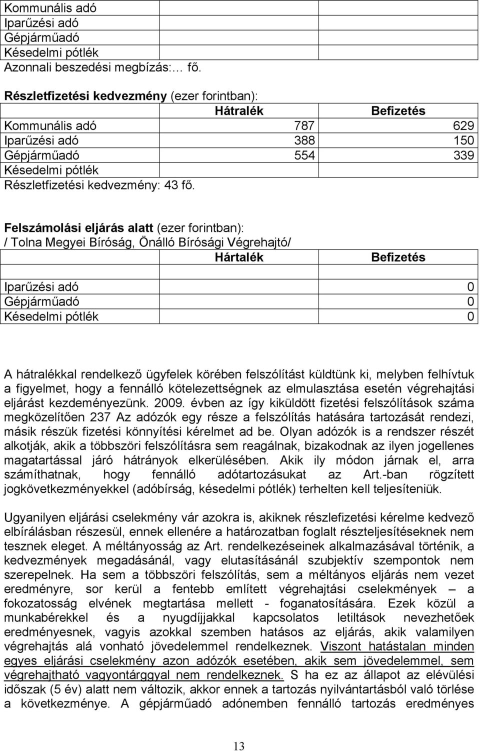 Felszámolási eljárás alatt (ezer forintban): / Tolna Megyei Bíróság, Önálló Bírósági Végrehajtó/ Hártalék Befizetés Iparűzési adó 0 Gépjárműadó 0 Késedelmi pótlék 0 A hátralékkal rendelkező ügyfelek
