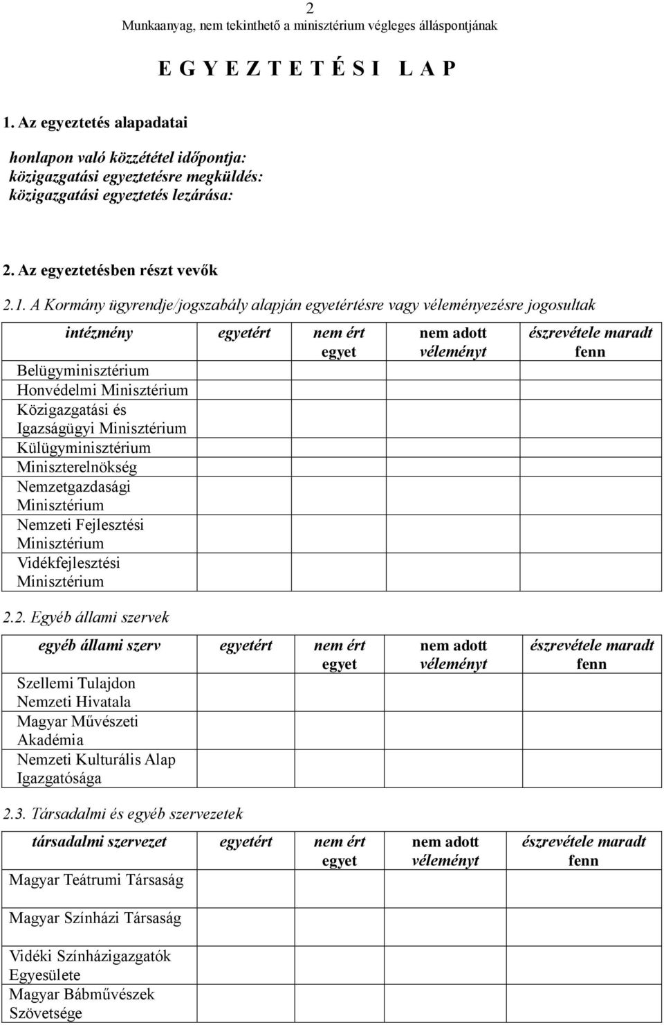 A Kormány ügyrendje/jogszabály alapján egyetértésre vagy véleményezésre jogosultak intézmény egyetért nem ért egyet Belügyminisztérium Honvédelmi Minisztérium Közigazgatási és Igazságügyi