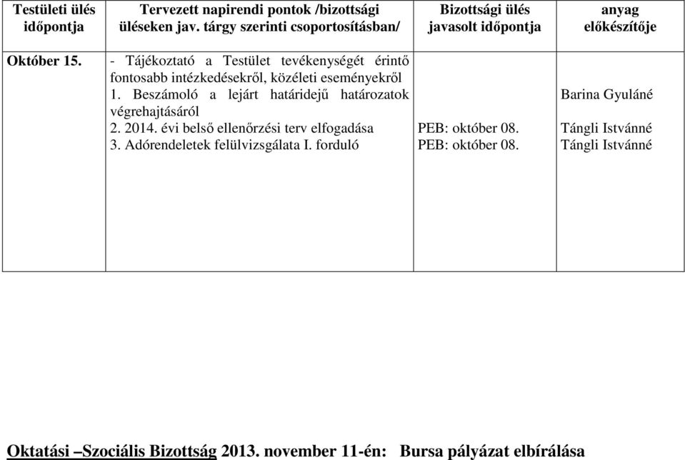 Adórendeletek felülvizsgálata I. forduló PEB: október 08.