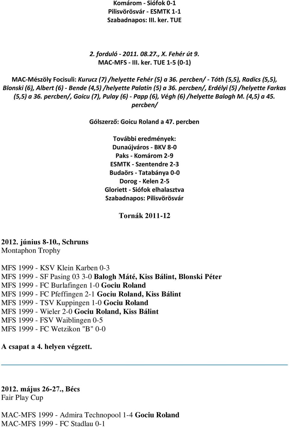 percben/, Goicu (7), Pulay (6) - Papp (6), Végh (6) /helyette Balogh M. (4,5) a 45. percben/ Gólszerző: Goicu Roland a 47.