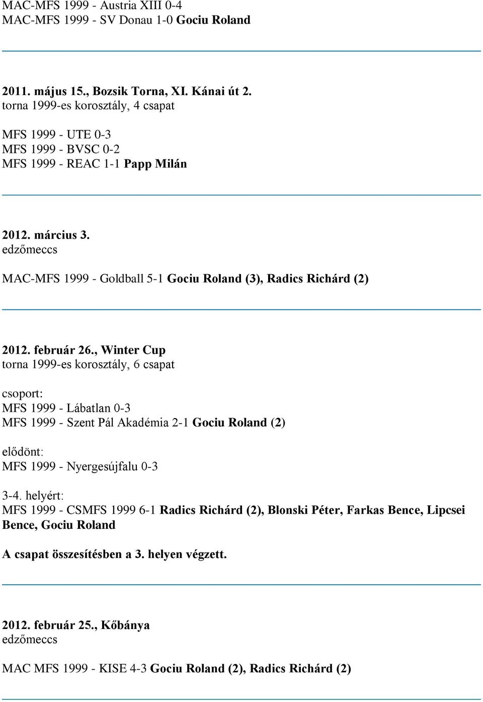 edzőmeccs MAC-MFS 1999 - Goldball 5-1 Gociu Roland (3), Radics Richárd (2) 2012. február 26.