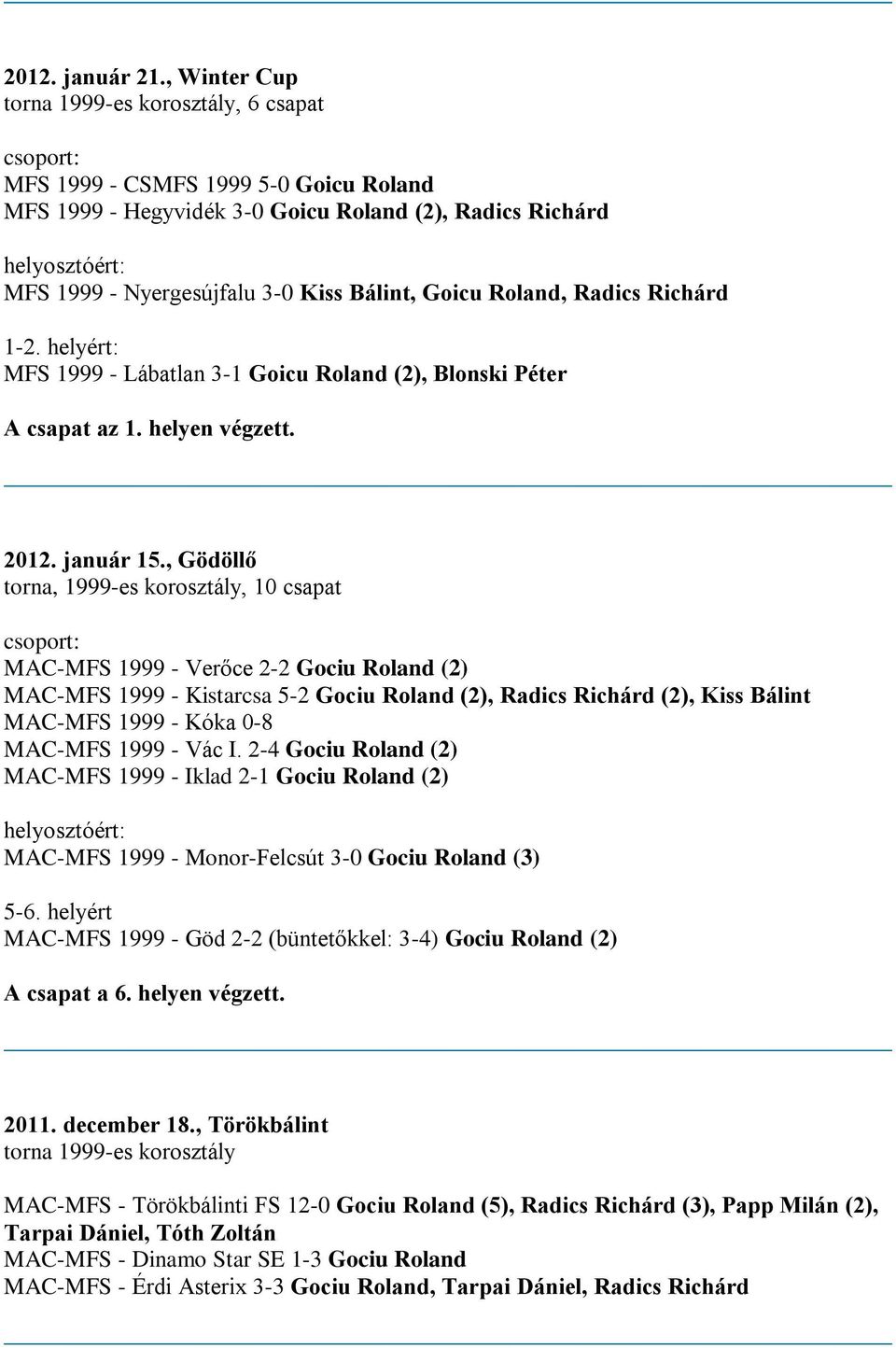 Kiss Bálint, Goicu Roland, Radics Richárd 1-2. helyért: MFS 1999 - Lábatlan 3-1 Goicu Roland (2), Blonski Péter A csapat az 1. helyen végzett. 2012. január 15.