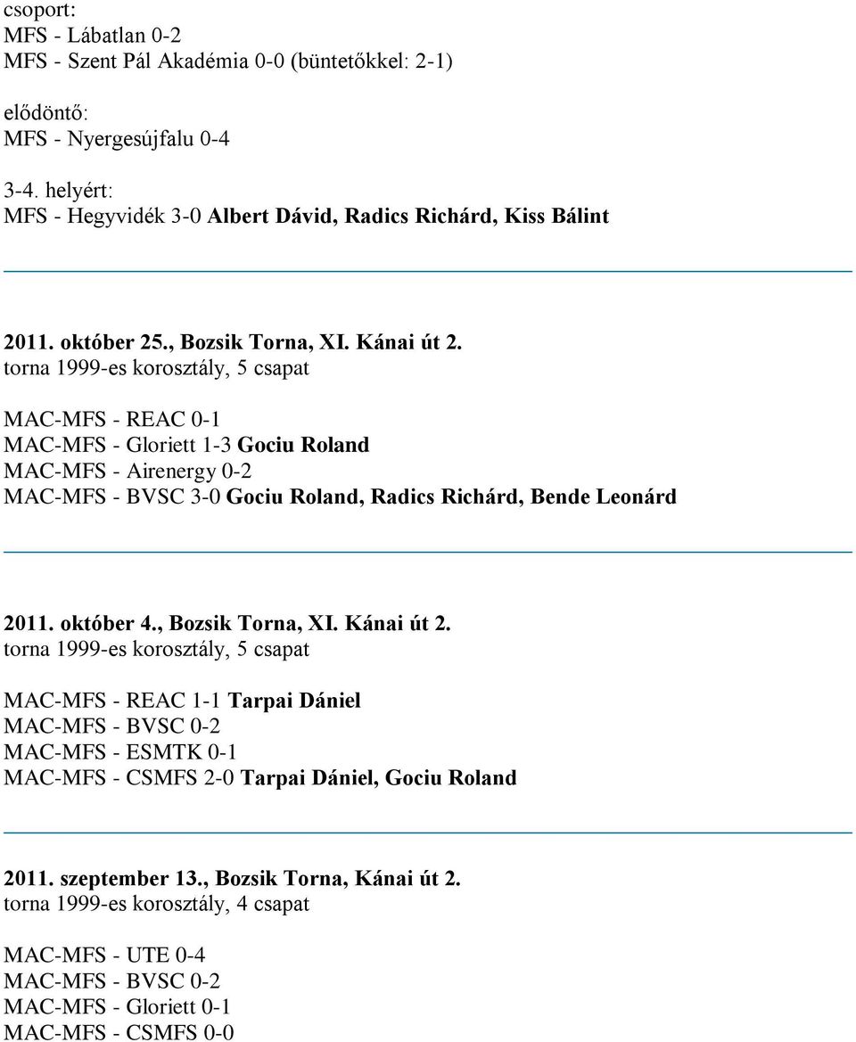 torna 1999-es korosztály, 5 csapat MAC-MFS - REAC 0-1 MAC-MFS - Gloriett 1-3 Gociu Roland MAC-MFS - Airenergy 0-2 MAC-MFS - BVSC 3-0 Gociu Roland, Radics Richárd, Bende Leonárd 2011. október 4.