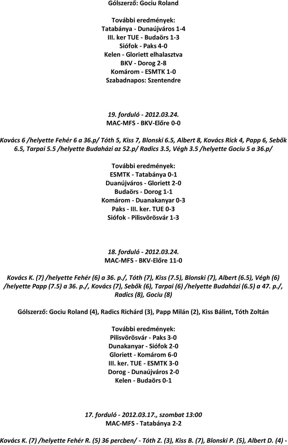 p/ Radics 3.5, Végh 3.5 /helyette Gociu 5 a 36.p/ ESMTK - Tatabánya 0-1 Duanújváros - Gloriett 2-0 Budaörs - Dorog 1-1 Komárom - Duanakanyar 0-3 Paks - III. ker. TUE 0-3 Siófok - Pilisvörösvár 1-3 18.
