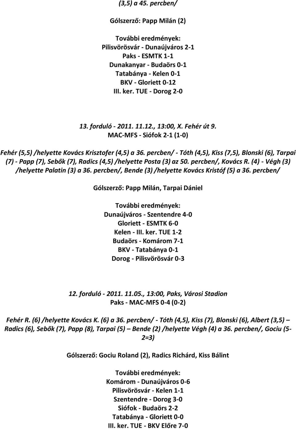 percben/ - Tóth (4,5), Kiss (7,5), Blonski (6), Tarpai (7) - Papp (7), Sebők (7), Radics (4,5) /helyette Posta (3) az 50. percben/, Kovács R. (4) - Végh (3) /helyette Palatin (3) a 36.