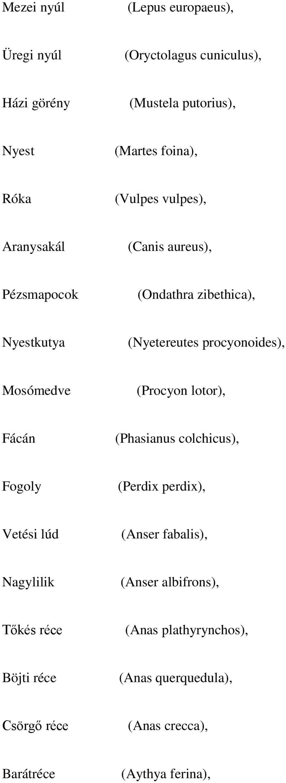 Mosómedve (Procyon lotor), Fácán (Phasianus colchicus), Fogoly (Perdix perdix), Vetési lúd (Anser fabalis), Nagylilik