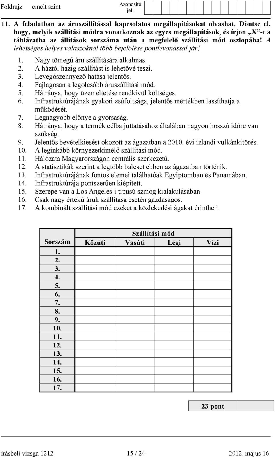 A lehetséges helyes válaszoknál több bejelölése pontlevonással jár! 1. Nagy tömegű áru szállítására alkalmas. 2. A háztól házig szállítást is lehetővé teszi. 3. Levegőszennyező hatása jelentős. 4.