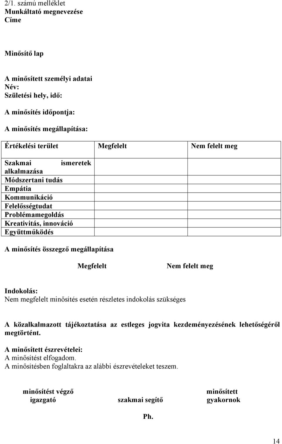 megállapítása Megfelelt Nem felelt meg Indokolás: Nem megfelelt minősítés esetén részletes indokolás szükséges A közalkalmazott tájékoztatása az estleges jogvita kezdeményezésének