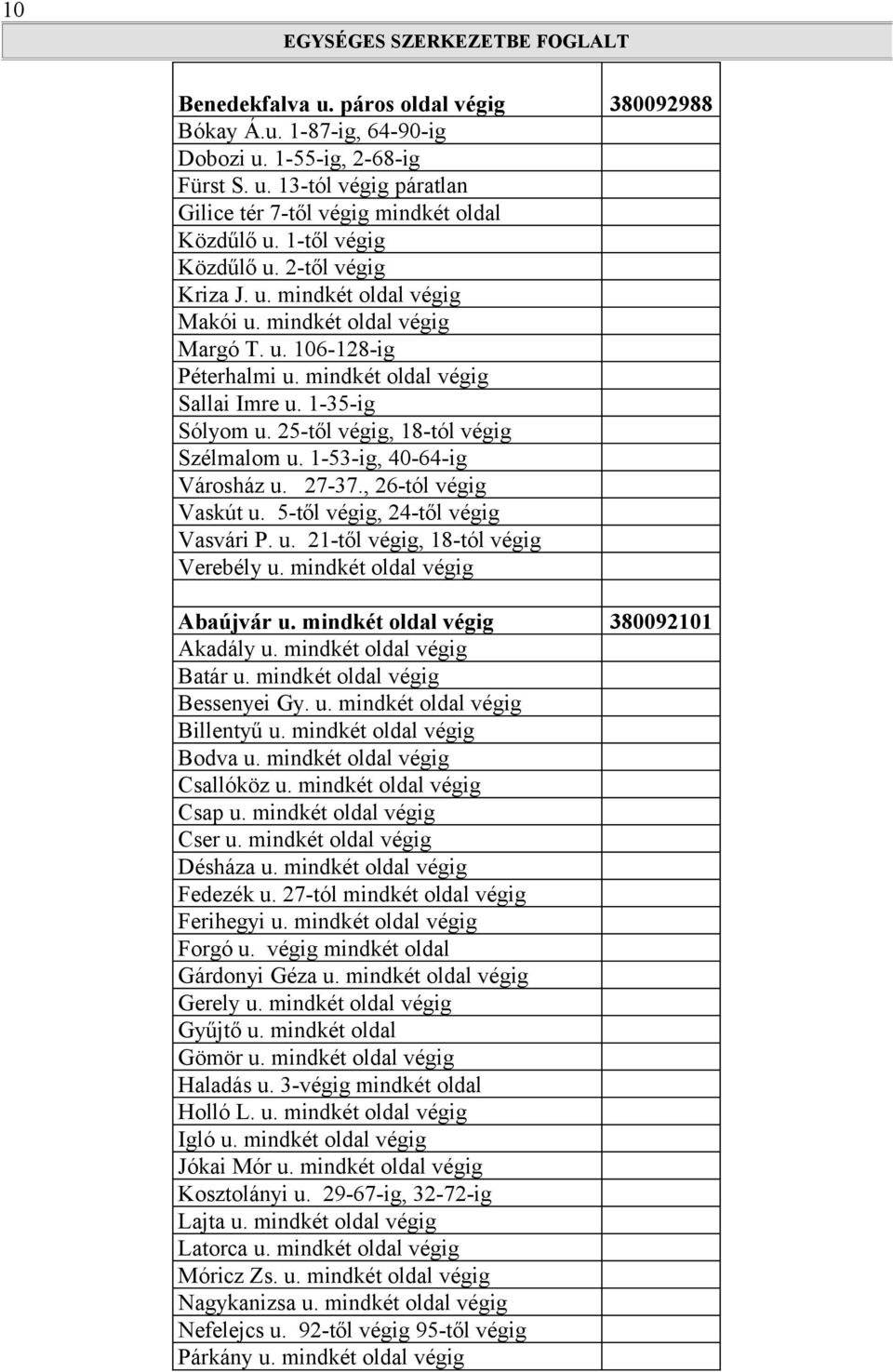 25-től végig, 18-tól végig Szélmalom u. 1-53-ig, 40-64-ig Városház u. 27-37., 26-tól végig Vaskút u. 5-től végig, 24-től végig Vasvári P. u. 21-től végig, 18-tól végig Verebély u.