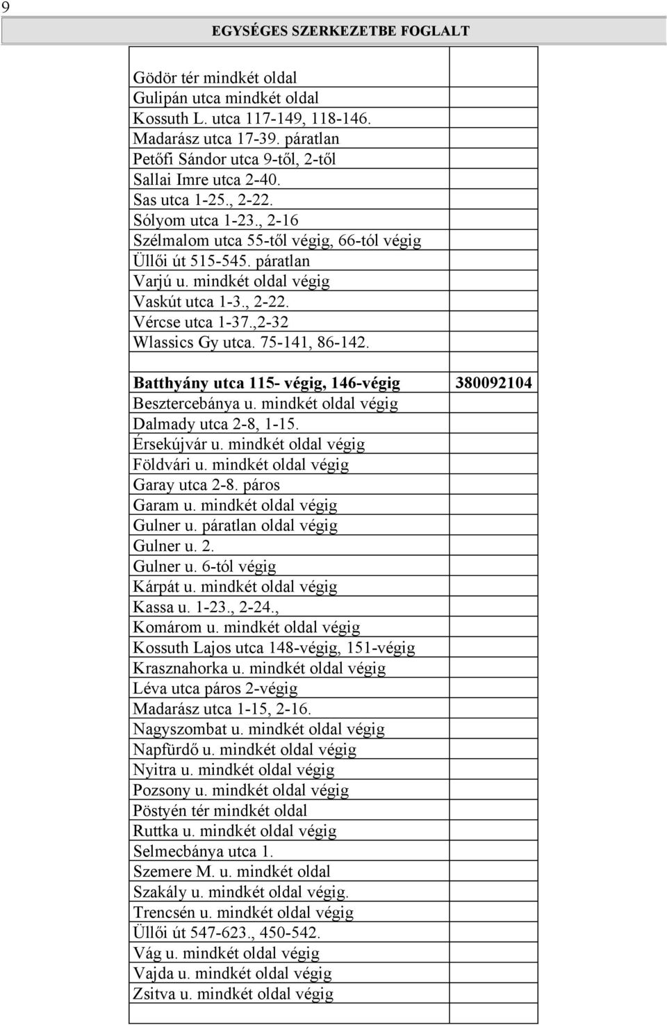 75-141, 86-142. Batthyány utca 115- végig, 146-végig 380092104 Besztercebánya u. mindkét oldal végig Dalmady utca 2-8, 1-15. Érsekújvár u. mindkét oldal végig Földvári u.