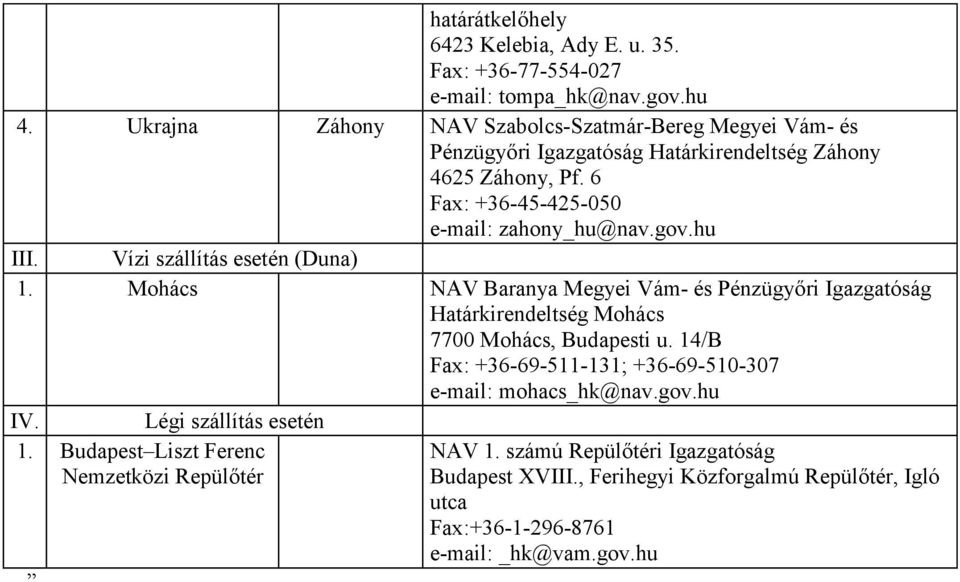 hu III. Vízi szállítás esetén (Duna) 1. Mohács NAV Baranya Megyei Vám- és Pénzügyőri Igazgatóság Határkirendeltség Mohács 7700 Mohács, Budapesti u.