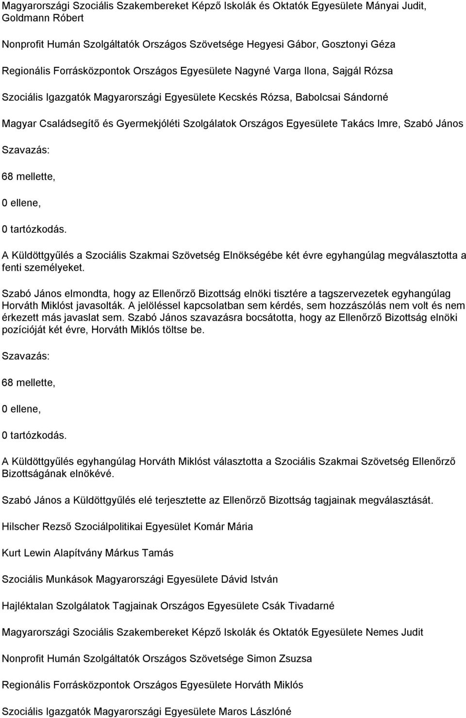 Országos Egyesülete Takács Imre, Szabó János A Küldöttgyűlés a Szociális Szakmai Szövetség Elnökségébe két évre egyhangúlag megválasztotta a fenti személyeket.