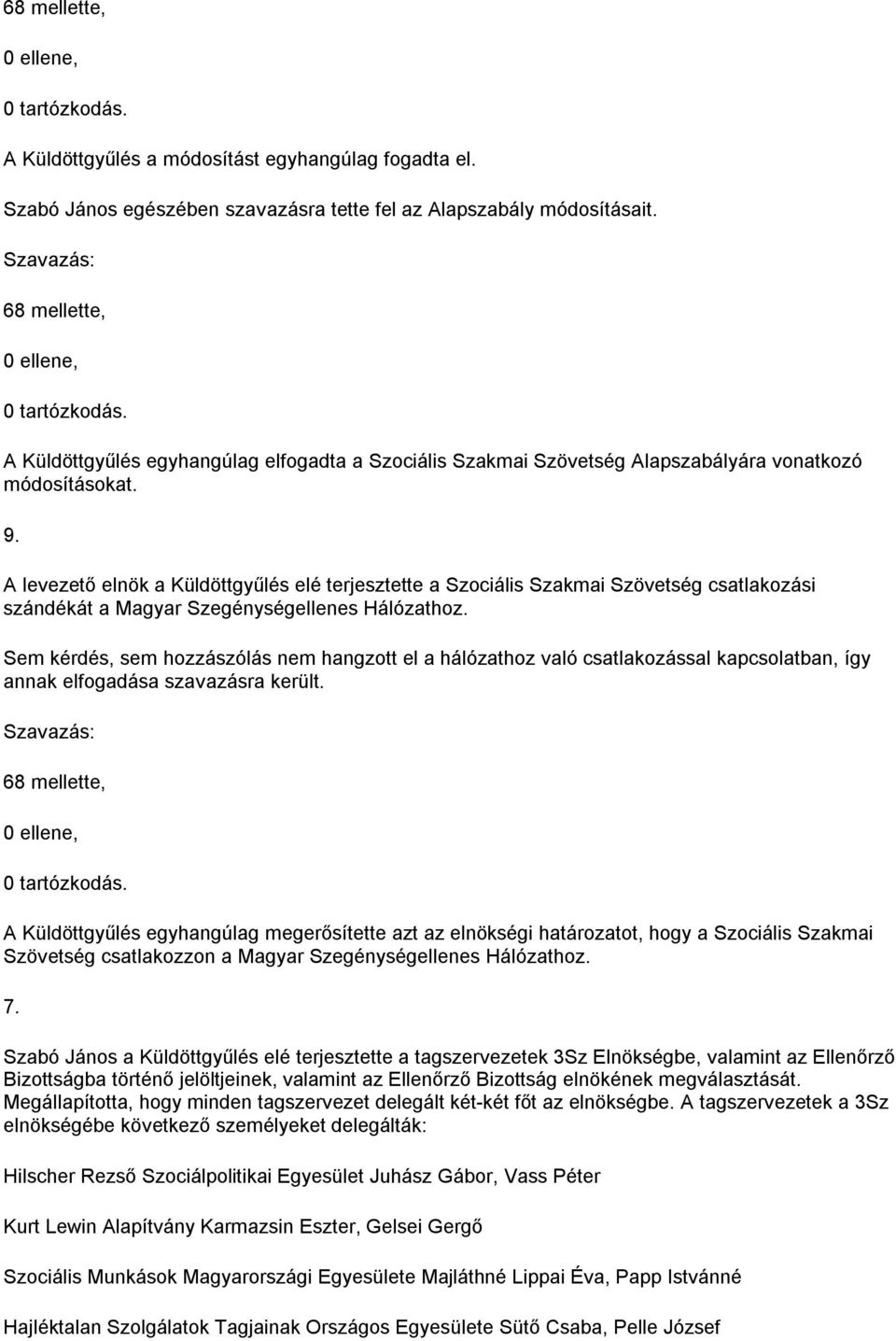 A levezető elnök a Küldöttgyűlés elé terjesztette a Szociális Szakmai Szövetség csatlakozási szándékát a Magyar Szegénységellenes Hálózathoz.