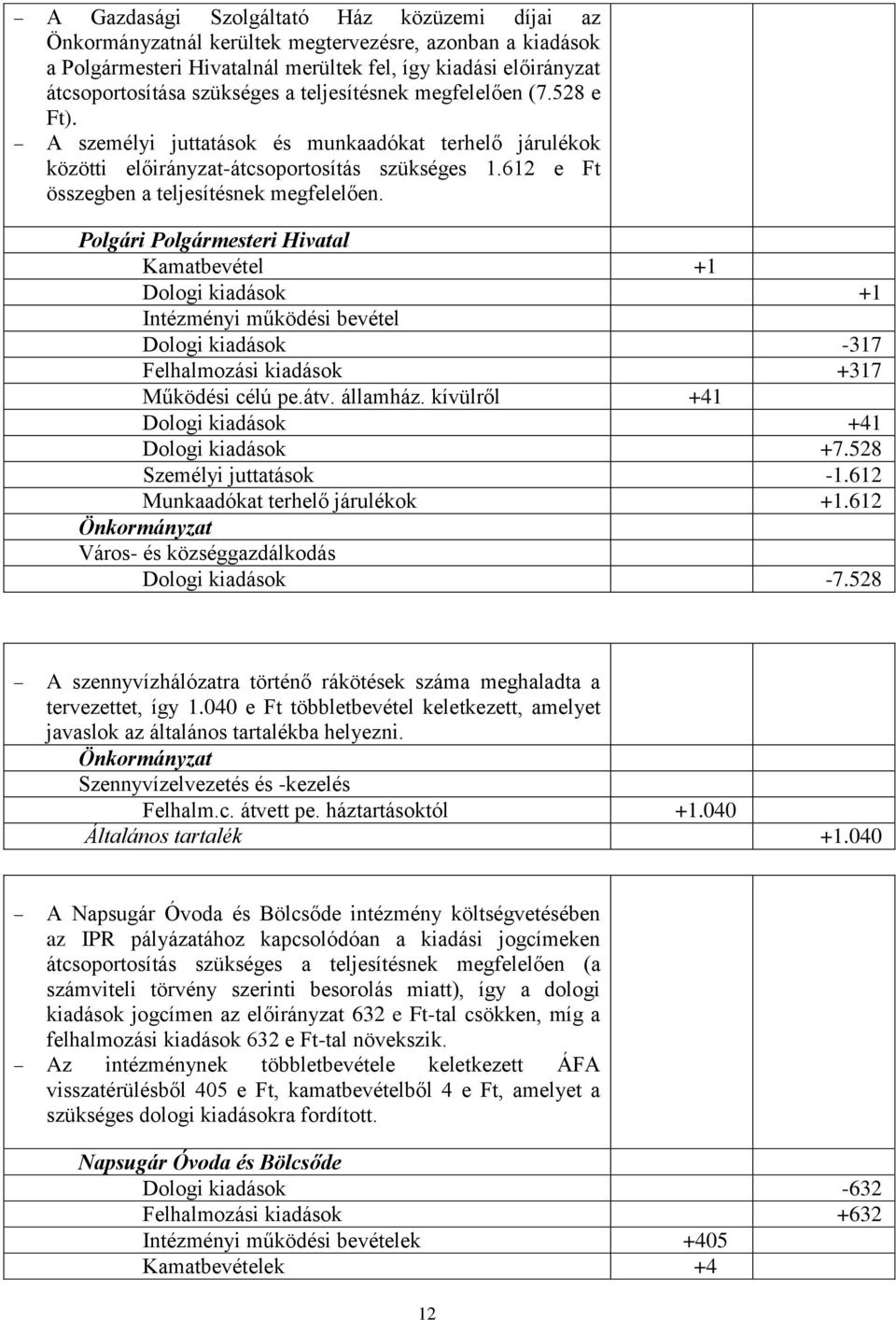 Kamatbevétel +1 Dologi kiadások +1 Intézményi működési bevétel Dologi kiadások -317 Felhalmozási kiadások +317 Működési célú pe.átv. államház. kívülről +41 Dologi kiadások +41 Dologi kiadások +7.