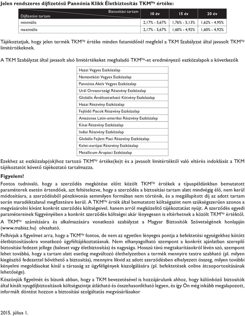 A TKM Szabályzat által javasolt alsó limitértékeket meghaladó TKM Ny -et eredményező eszközalapok a következők Hazai Vegyes Eszközalap Nemzetközi Vegyes Eszközalap Pannónia Aktív Vegyes Eszközalap