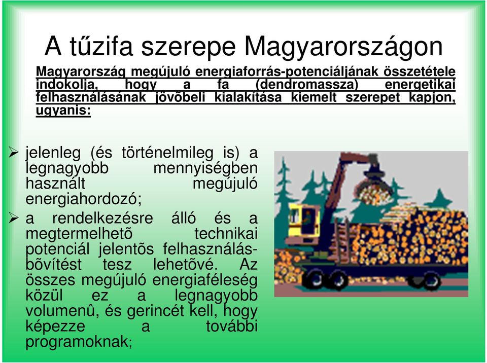 mennyiségben használt megújuló energiahordozó; a rendelkezésre álló és a megtermelhetõ technikai potenciál jelentõs