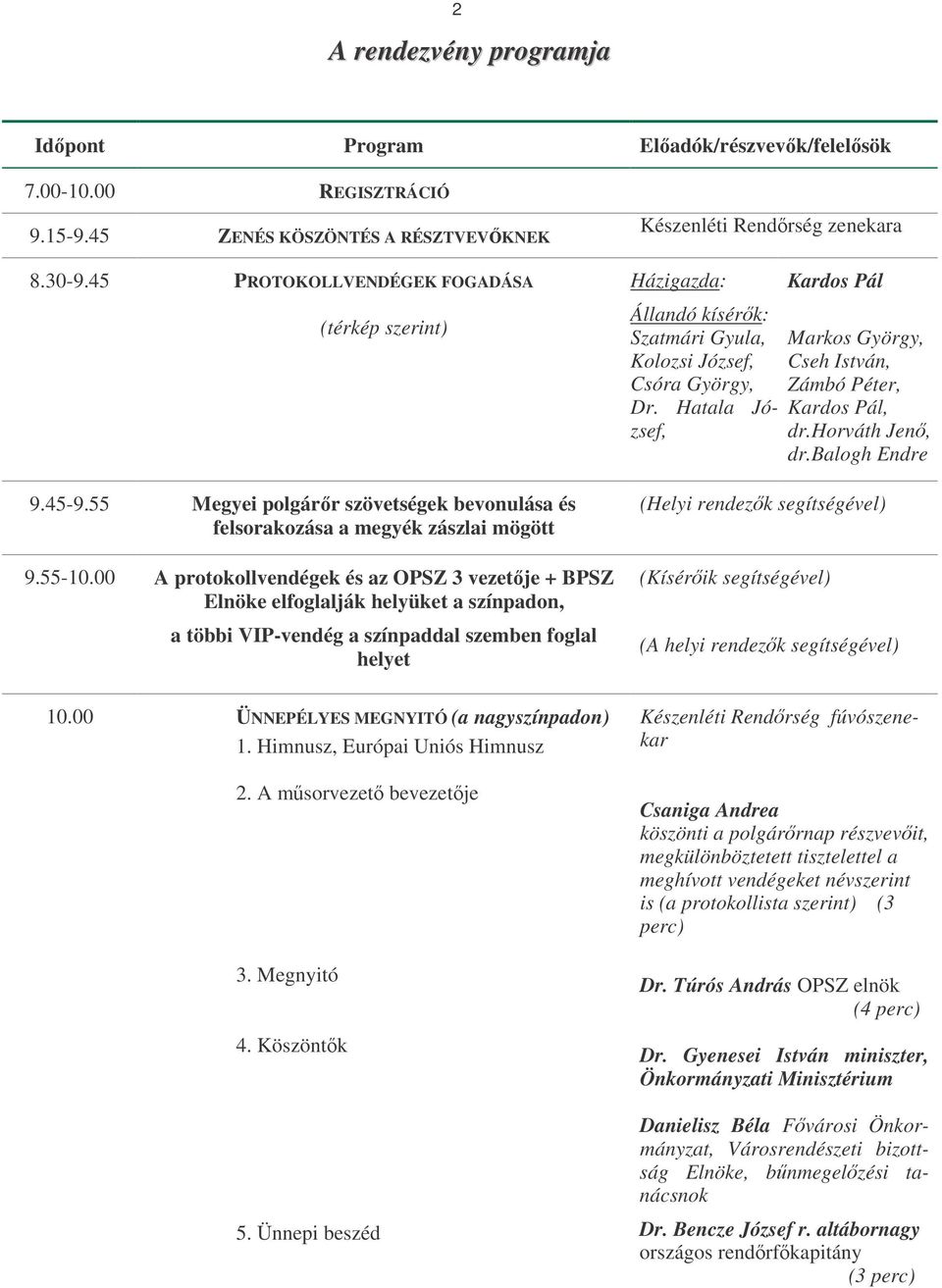 00 A protokollvendégek és az OPSZ 3 vezetje + BPSZ Elnöke elfoglalják helyüket a színpadon, a többi VIP-vendég a színpaddal szemben foglal helyet 10.00 ÜNNEPÉLYES MEGNYITÓ (a nagyszínpadon) 1.