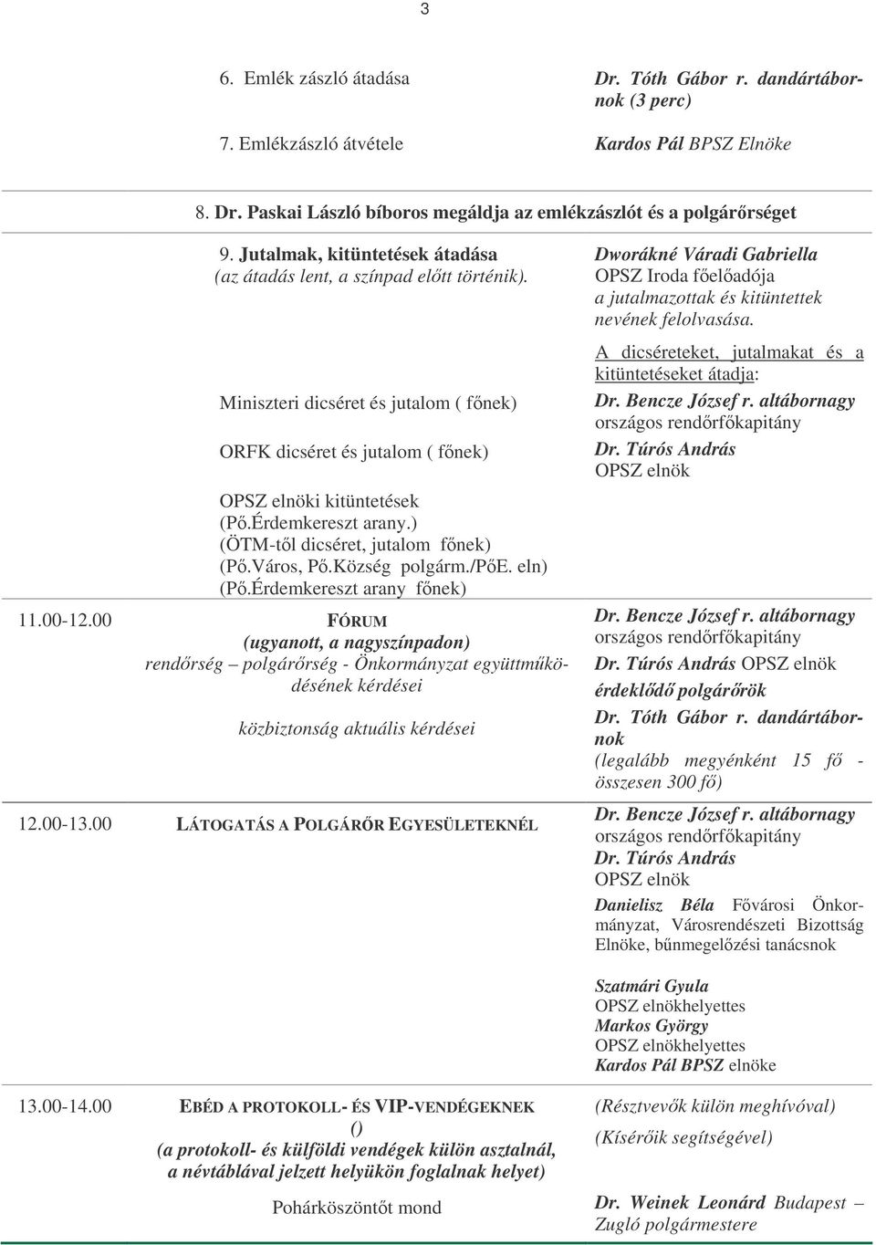 ) (ÖTM-tl dicséret, jutalom fnek) (P.Város, P.Község polgárm./pe. eln) (P.Érdemkereszt arany fnek) 11.00-12.