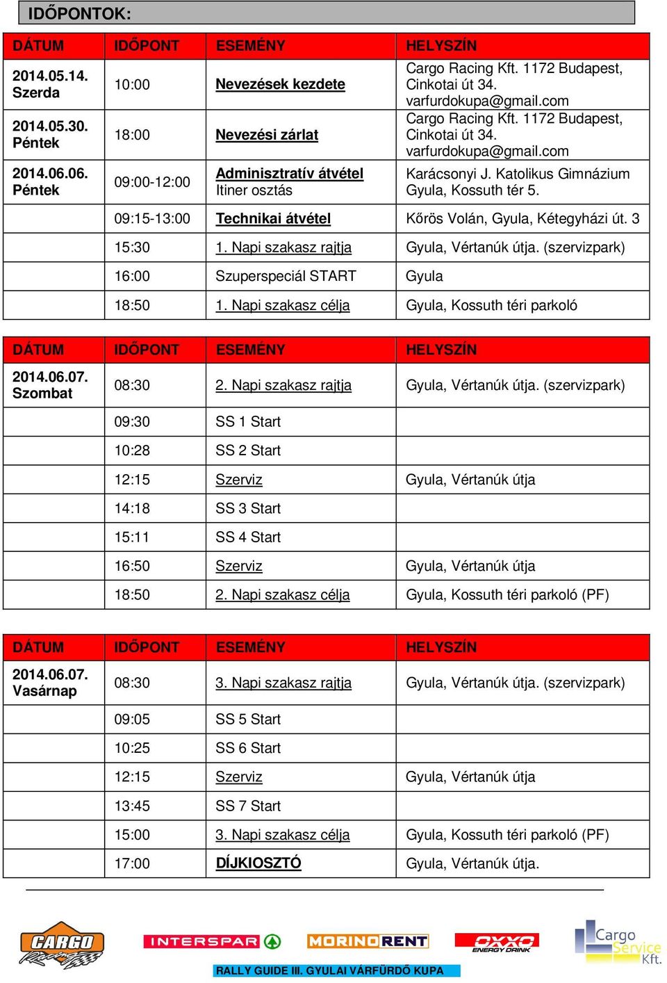 1172 Budapest, Cinkotai út 34. varfurdokupa@gmail.com Karácsonyi J. Katolikus Gimnázium Gyula, Kossuth tér 5. 09:15-13:00 Technikai átvétel Kőrös Volán, Gyula, Kétegyházi út. 3 15:30 1.