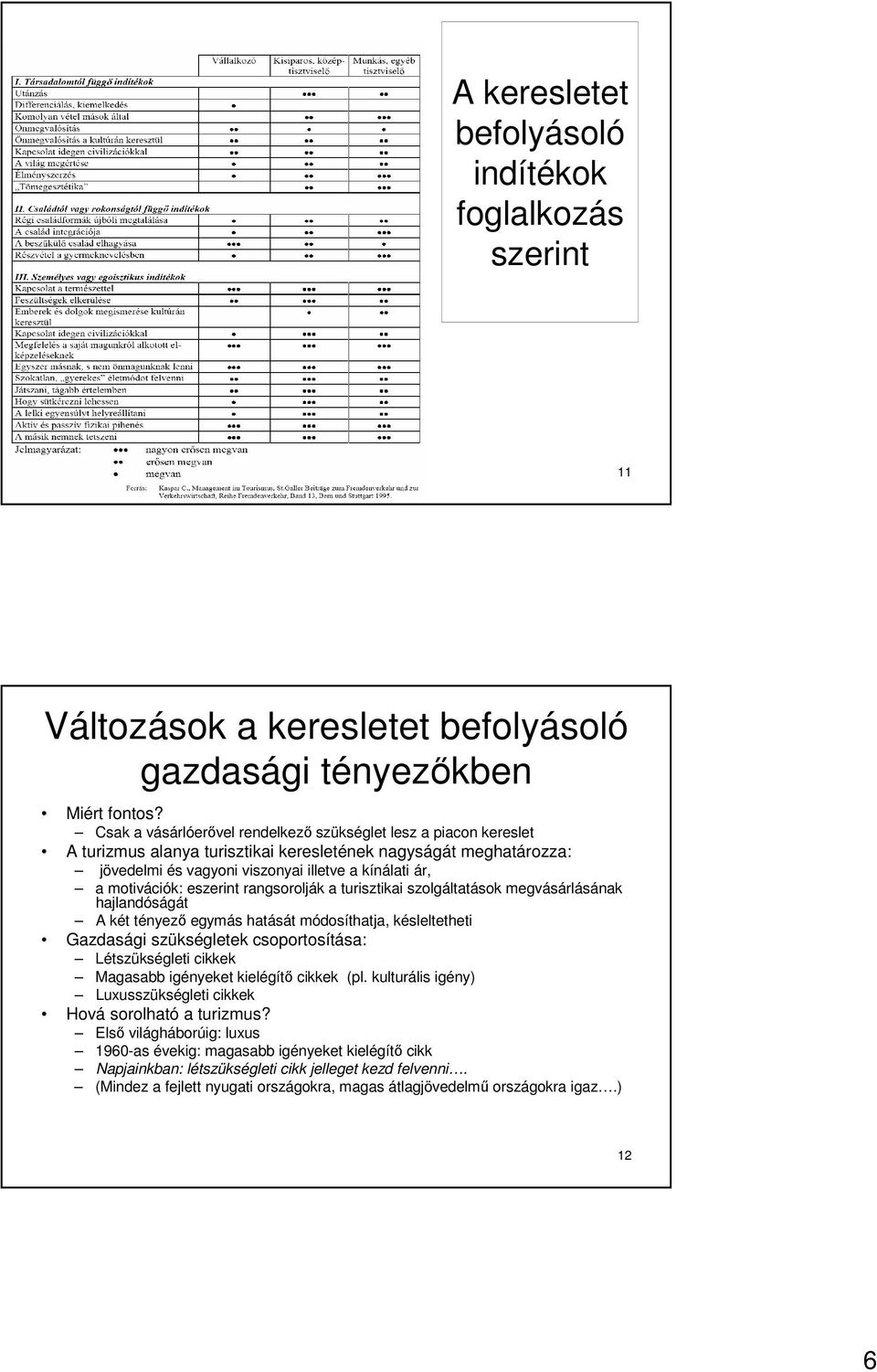 motivációk: eszerint rangsorolják a turisztikai szolgáltatások megvásárlásának hajlandóságát A két tényezı egymás hatását módosíthatja, késleltetheti Gazdasági szükségletek csoportosítása: