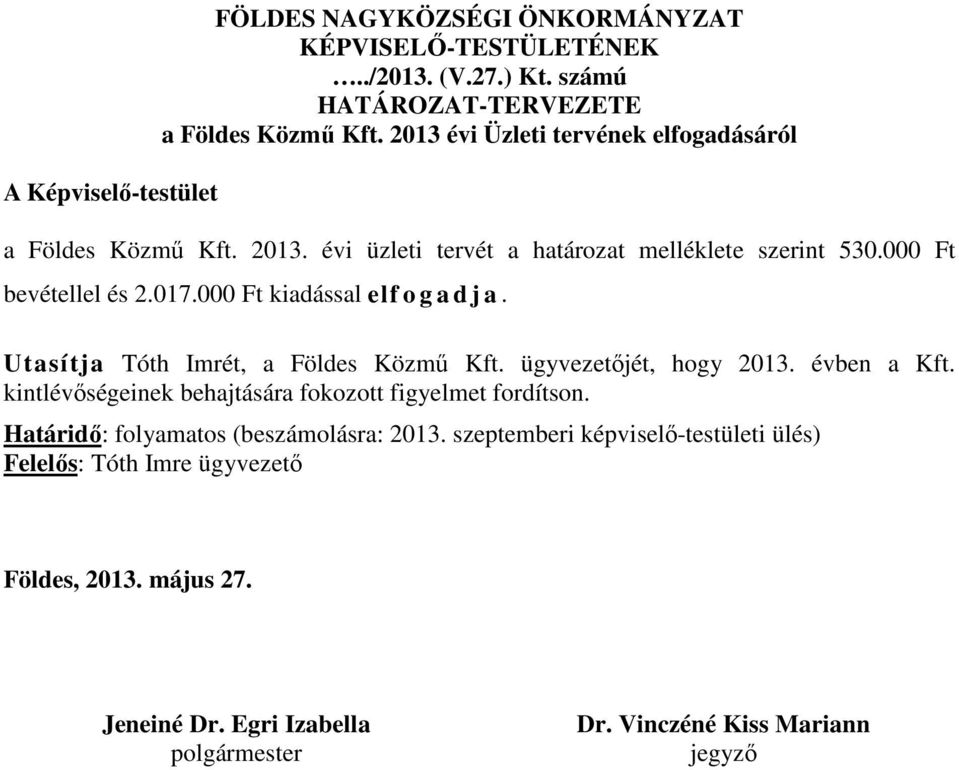000 Ft kiadással elf o g a d j a. Utasítja Tóth Imrét, a Földes Közmű Kft. ügyvezetőjét, hogy 2013. évben a Kft.